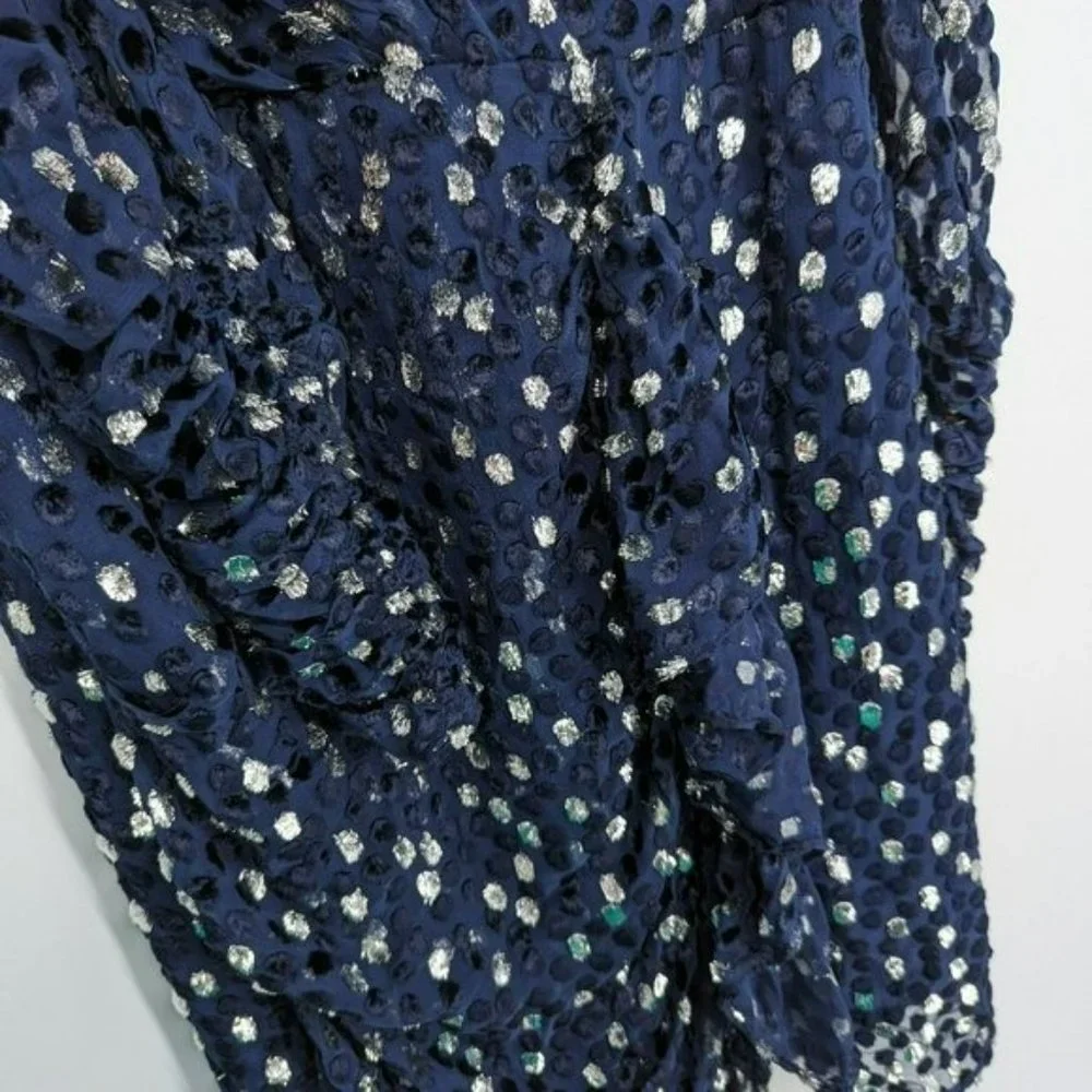 Kate Spade Scatter Dot Dress 6 Navy Silver Faux Wrap Ruffle Velvet Long Sleeve